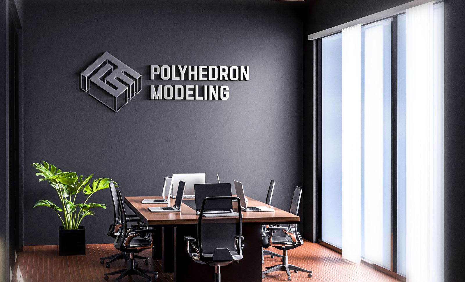 Polyhedron Modeling brand presentation: the logo mounted on a wall, staged in a rendered meeting room mockup.