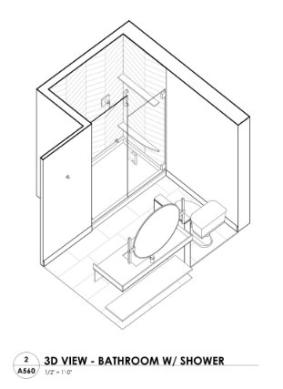 3D reference view of a bathroom with shower, used to locate and specify shower accessories.
