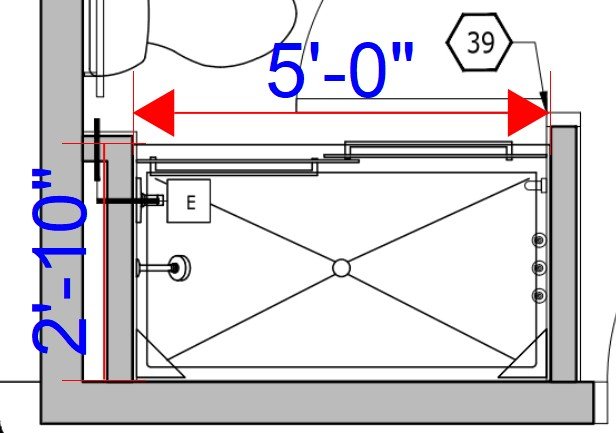 Marked-up takeoff exhibit of a shower base, with overall dimensions called out in blue and the drain location marked.