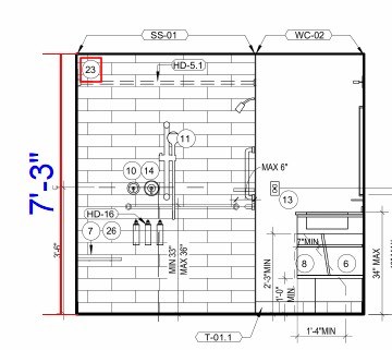 Marked-up takeoff exhibit of a shower surround elevation, with panel height called out in blue and finish tags circled in red.