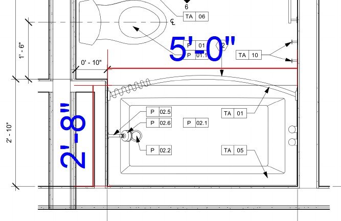 Marked-up takeoff exhibit of a tub base, with overall dimensions called out in blue and fixture reference tags.