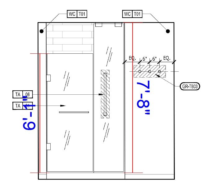 Marked-up takeoff exhibit of a shower glass door elevation, with opening width and height called out in blue.